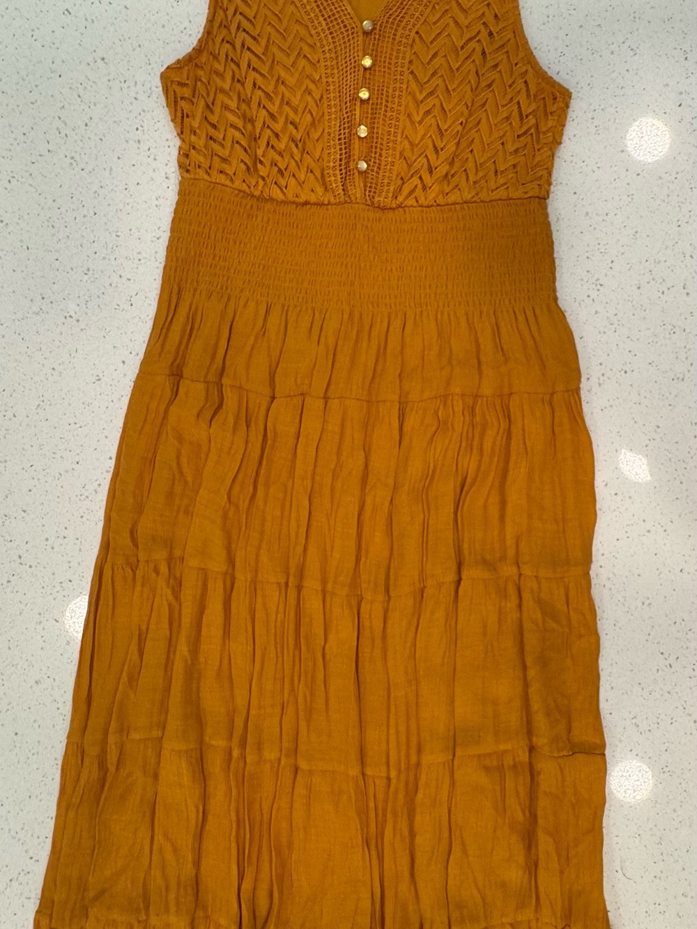 J Glee Mustard Yellow Maxi, Boho Cottage Core Dress, V-neck Crocheted Bodice